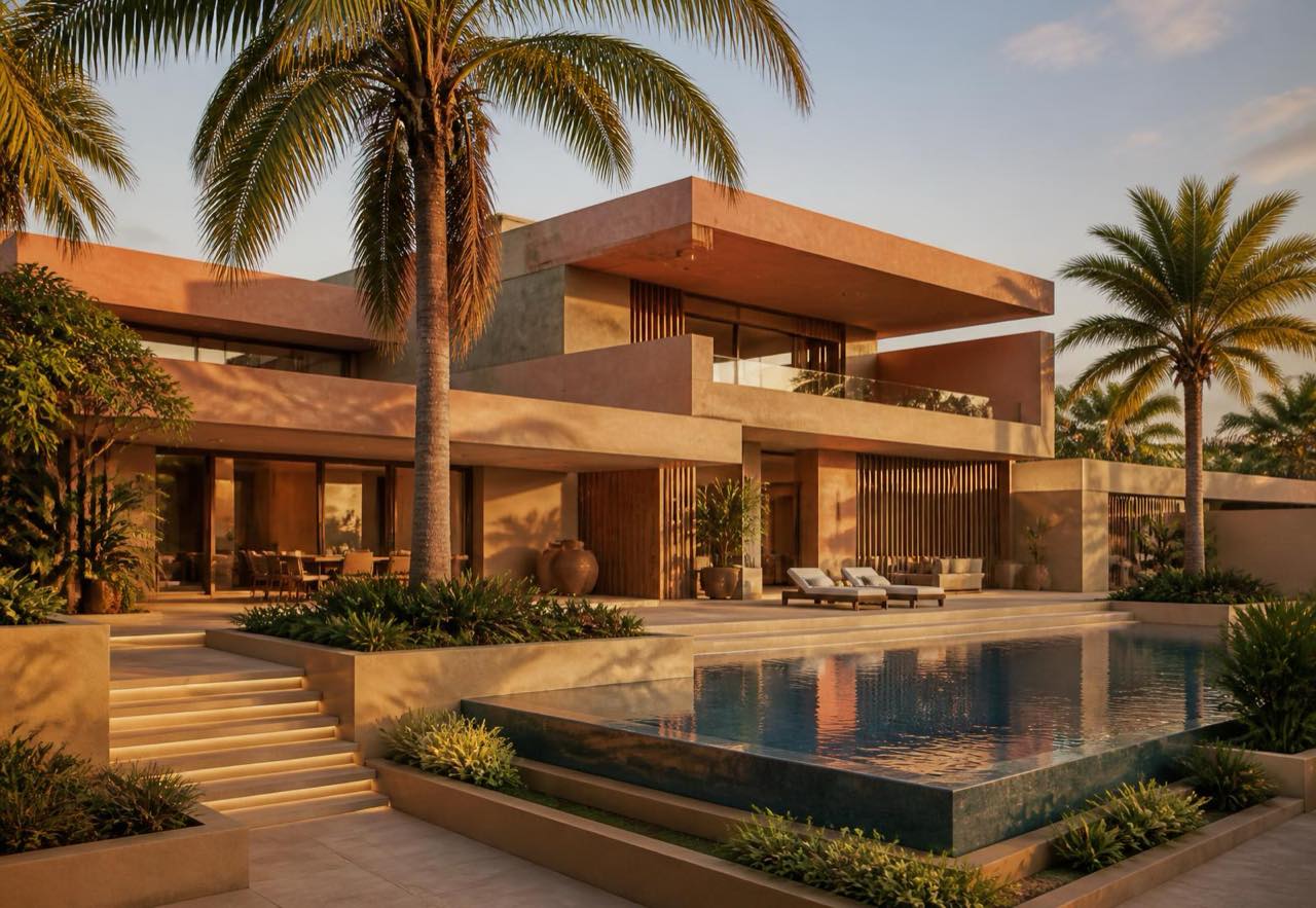 Modern Ghanaian villa with palm trees at golden hour